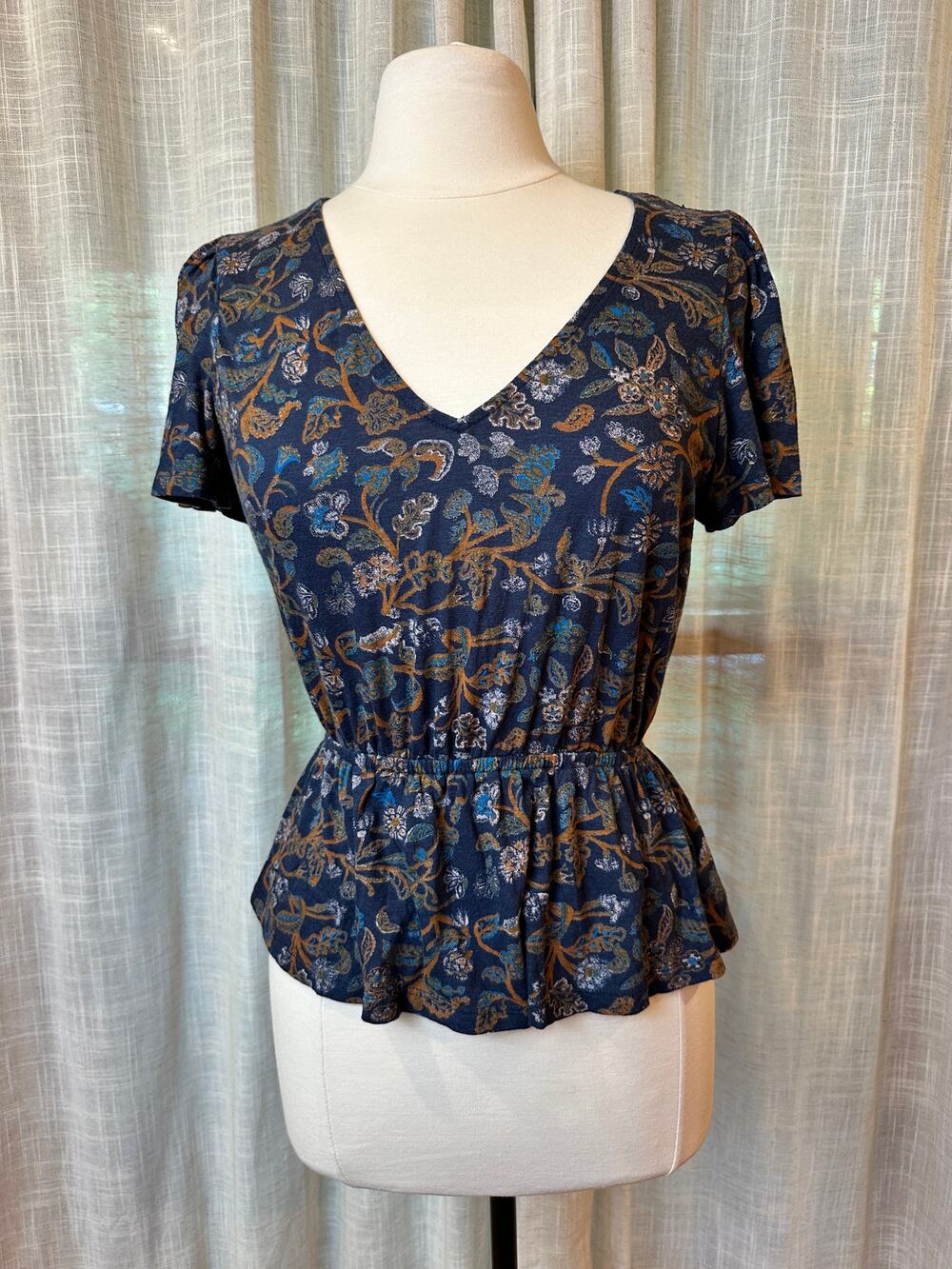 Lucky Brand Floral Peplum Blouse Women's Small V-Neck Boho Top